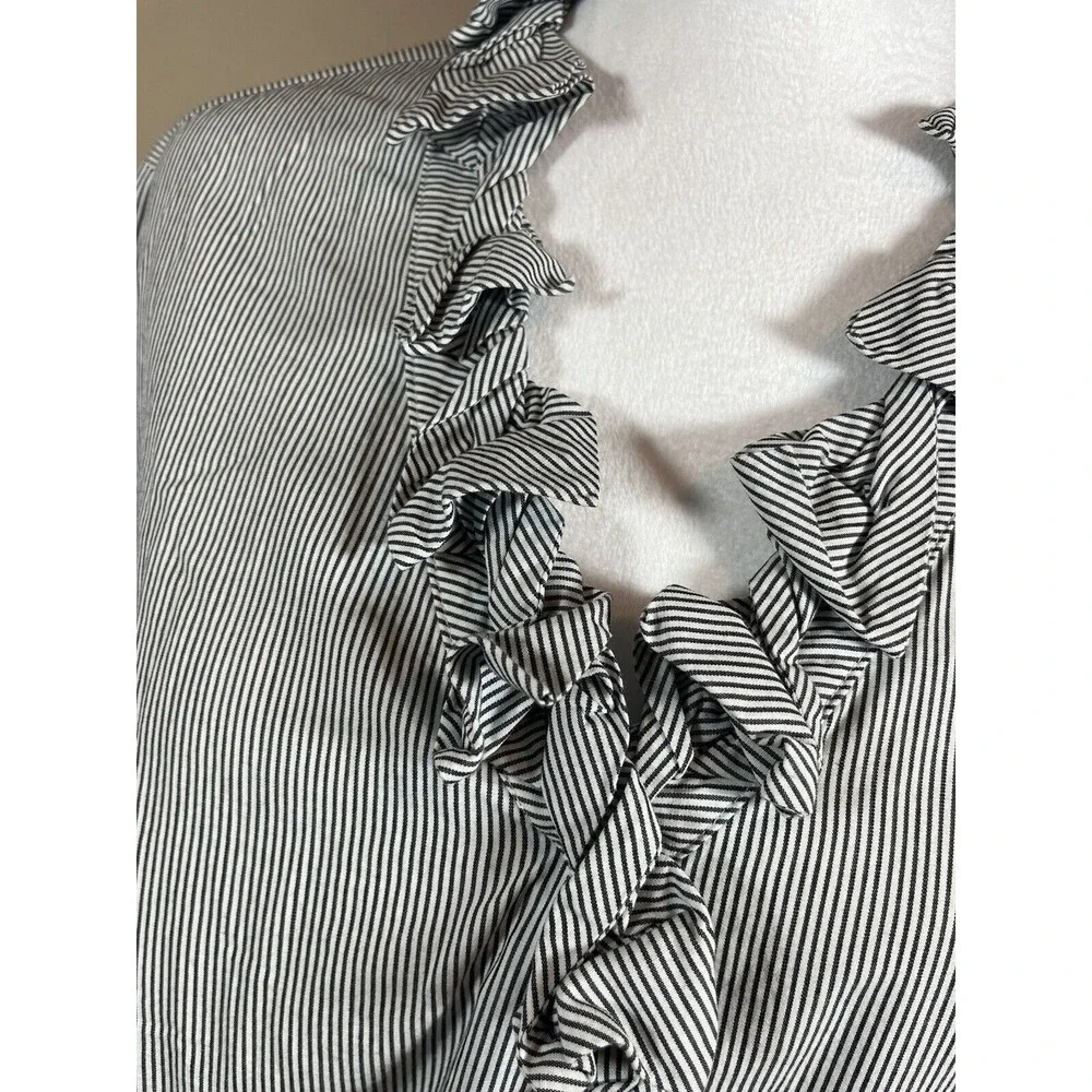 Talbots Women’s Blue White Pinstripe Ruffle Collar Button Front Blouse Size 1X - Picture 3 of 9